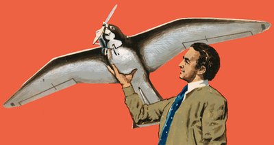 Uidentifisert mann med fugleformet fly med propell av English School