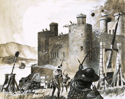 Uidentifisert beleiring av et slott ved hjelp av en trebuchet av English School