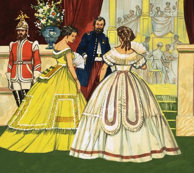 Uidentifiserte kvinner i formelle kjoler som deltar på en funksjon (1800-tallet) av English School