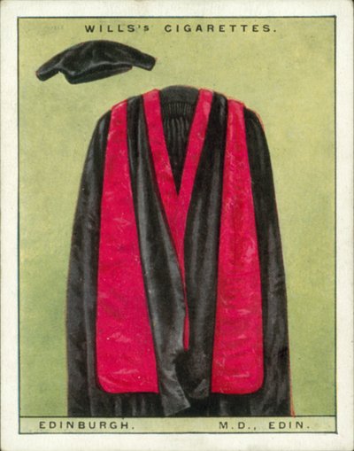 Universitetshetter og -frakker: Edinburgh University, doktor i medisin, MD, Edin (fargelitografi) av English School