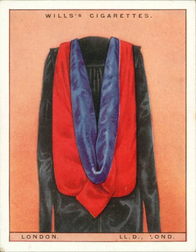 Universitetshetter og -frakker: London University, doktorgrad i jus, LLd, Lond (fargelitografi) av English School