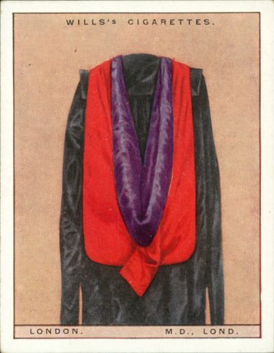 Universitetshetter og -frakker: London University, Doctor of Medicine, MD, Lond (fargelitografi) av English School
