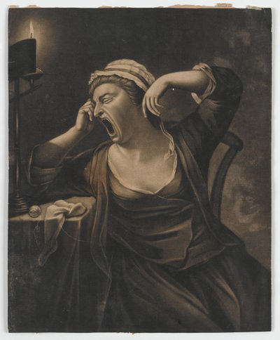 Uten tittel (kvinne som gjesper), ca. 1780 (mezzotint) av English School