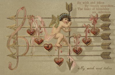 Valentinkort, som involverer Amor, pil og musikalsk partitur av English School
