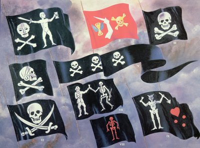 Ulike flagg brukt av Famous Pirates (farge litho) av English School