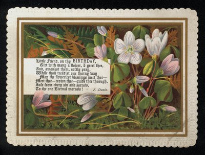 Vers av F Davis og blomster, bursdagskort (chromolitho) av English School