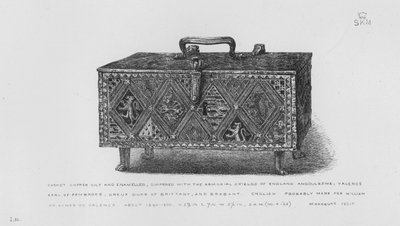 Victoria And Albert Museum: Kist, forgylt og emaljert i kobber, bleie med Armorial Shields of England, Angoulesme, Valence, Earl of Pembroke, Dreux Duke of Bretagne og Brabant, engelsk, sannsynligvis laget for William eller Aymer de Valence, ca. 1290- 1. 3 av English School