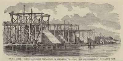 Victoria Bridge, forberedelse til oppføring av stillas for å ferdigstille steinpilarene og påbegynning av jernbanerøret (gravering) av English School