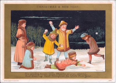 Viktoriansk jule- og nyttårskort med barn som leker i snøen og kaster snøballer, ca. 1880 (farge litho) av English School