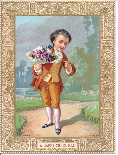 Viktoriansk julekort av en ung gutt kledd i viktorianske klær som holder en bukett blomster, ca. 1880 (farge litho) av English School
