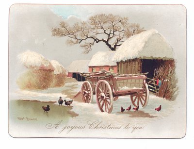 Viktoriansk julekort med ender og kylling nær en dam i et gårdstun, ca. 1880 (farge litho) av English School