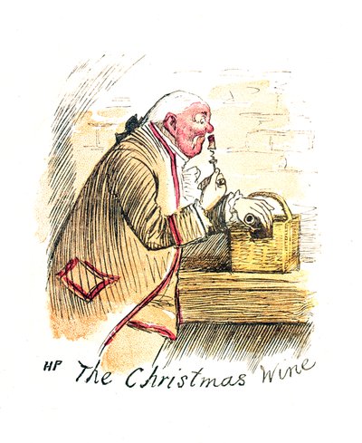 Viktoriansk julekort med tittelen "The Christmas Wine" av English School