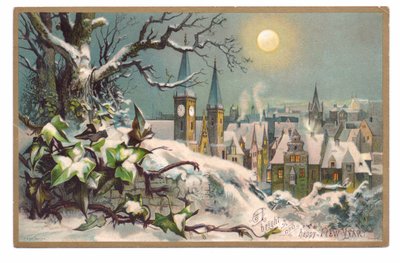 Viktoriansk nyttårskort av en kirke og hus på en snørik, måneskinn natt, ca. 1880 (farge litho) av English School