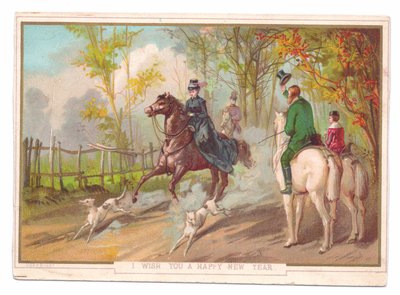 Viktoriansk nyttårskort av en kvinne til hest med to hunder møtt av et annet par, ca. 1880 (fargelitografi) av English School