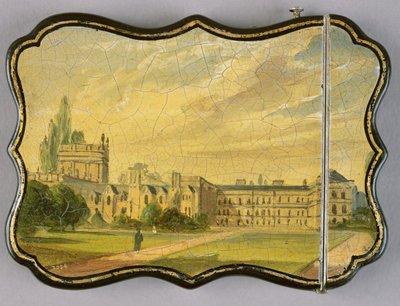 Viktoriansk kortveske, med en scene av Trinity College Gardens, Oxford (papier mache) av English School