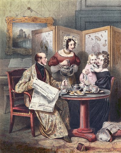 Viktoriansk familie til frokost, ca. 1840 av English School