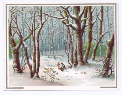 Viktoriansk gratulasjonskort av to barn som samler grener i snøen, ca. 1880 (farge litho) av English School