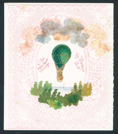 Viktoriansk gratulasjonskort - en viktig melding med ballongpost (chromolitho) av English School