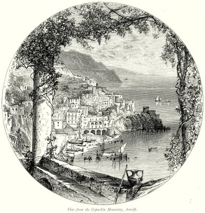 Utsikt fra kapusinerklosteret i Amalfi (gravering) av English School