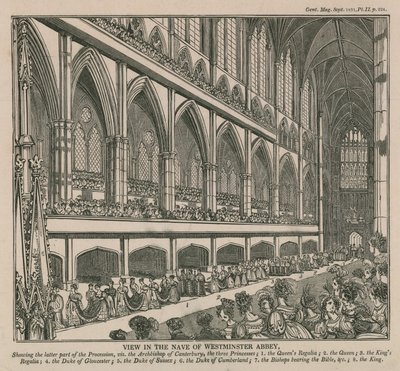 Utsikt i skipet til Westminster Abbey under kroningen av kong William IV og dronning Adelaide av English School