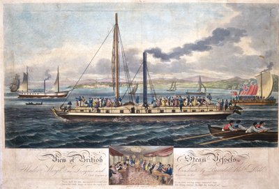 Utsikt over britiske dampfartøy, utgitt av R. Ackermann, 1820-51 (farget akvatint) av English School