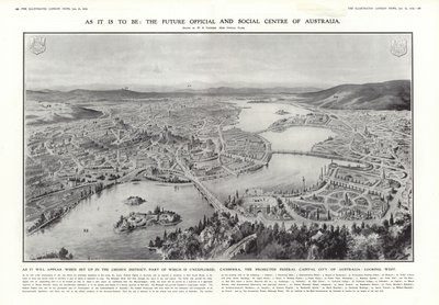 Utsikt over Canberra, foreslått føderal hovedstad i Australia, 1913 av English School