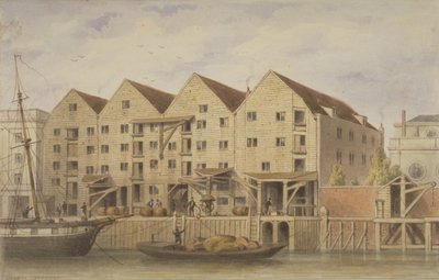 Utsikt over Chamberlains Wharf, Tooley Street, 1846 (wc på papir) av English School