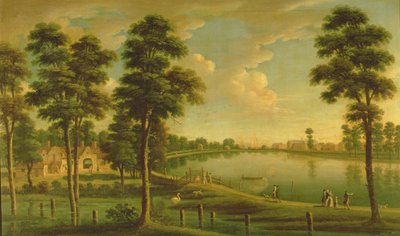 Utsikt over Chelsea Reservoir and Waterworks, med Westminster Abbey i det fjerne, ca. 1725 av English School