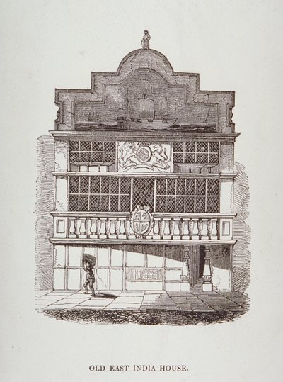 Utsikt over East India House, med figur foran, ca. 1700 av English School