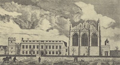 Utsikt over Eaton College i Buckinghamshire, 1779 (gravyr) av English School