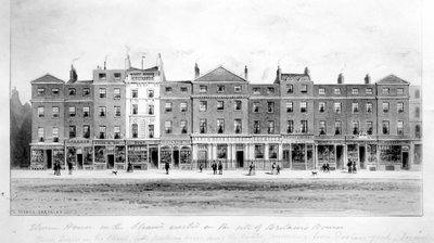 Utsikt over elleve hus reist på stedet til den gamle børsen på Stranden, 1853 (tegning) av English School