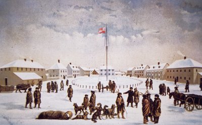 Utsikt over Fort Garry (farge litho) av English School
