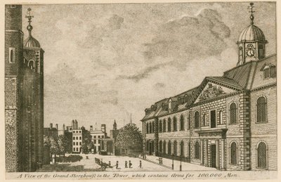 Utsikt over Grand Storehouse i Tower of London som inneholder våpen til 100 000 menn av English School