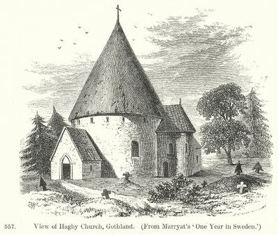 Utsikt over Hagby kirke, Gotland (gravering) av English School