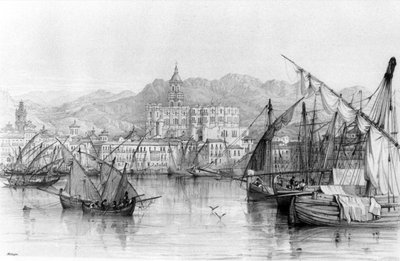 View of Malaga, fra Spanish Scenery av George Vivian, utgitt 1838 av English School