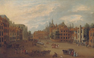 Utsikt over Old Palace Yard, Westminster, med østenden av Westminster Abbey og kapellet til kong Henry VII til venstre, ca. 1700 av English School