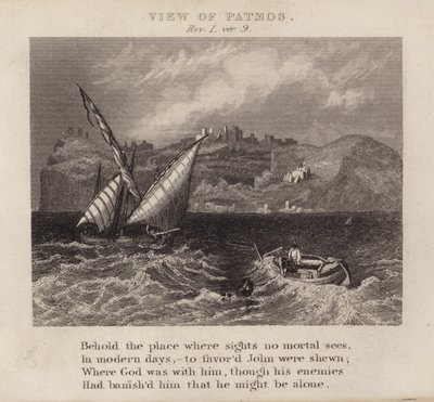 Utsikt over Patmos, Åpenbaring I, ver 9 (gravering) av English School