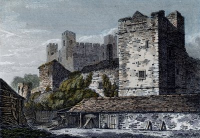 Utsikt over Rochester Castle, Kent. ca. 1830 av English School