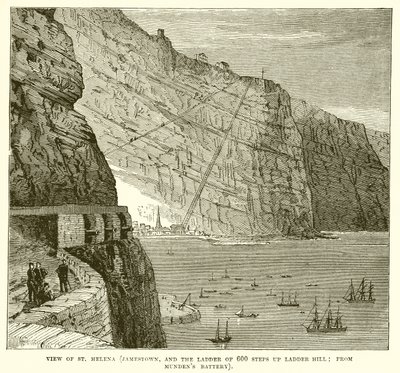 Utsikt over St. Helena (Jamestown, og stigen med 600 trinn opp Ladder Hill; fra Mundens batteri) av English School