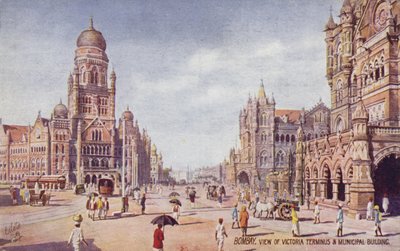 Utsikt over Victoria Terminus og rådhus, Bombay (fargelitografi) av English School