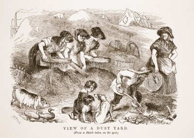 View of a Dust Yard, illustrasjon fra London Labor og London Poor av Henry Mayhew, pub. 1862 av English School