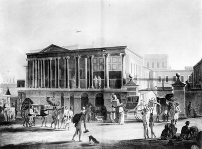 Utsikt over et hus, fabrikk og basar, i Calcutta, gravert av Francis Jukes, 1795 (akvatint) av English School