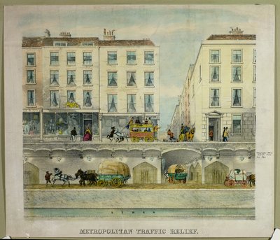 Utsikt over en gate i London med foreslått tunnel under for trafikkavlastning, ca. 11850 (litografi) av English School