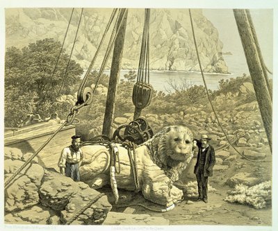 Utsikt over en kolossal løve som reises opp, fra A History of Discoveries at Halicarnassus, Cnidus, & Branchidae, av Charles Thomas Newton (1816-94) publisert 1862 av English School