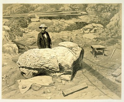 Utsikt over en kolossal løve på siden, med Newton bak, fra A History of Discoveries at Halicarnassus, Cnidus, & Branchidae, av Charles Thomas Newton (1816-94) publisert 1862 av English School
