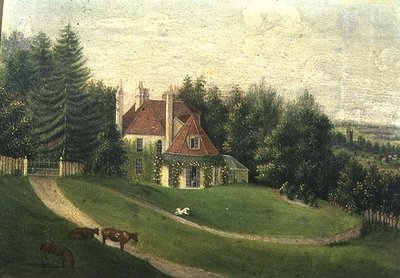 Utsikt over et hus og en hage (panel) av English School