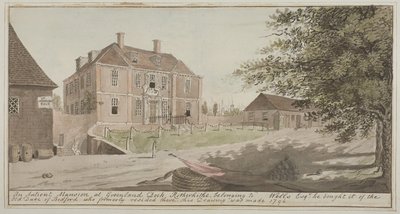 Utsikt over et gammelt herskapshus ved Greenland Dock i Rotherhithe, Bermondsey, 1796 (wc på papir) av English School