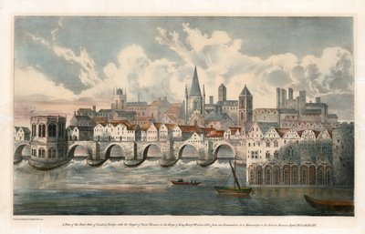 Utsikt over østsiden av Old London Bridge fra BM Royal MSS av English School
