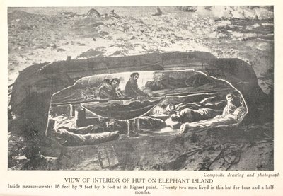 Utsikt over interiøret i hytta på Elephant Island, fra "South: the story of the 1914-1917 expedition", av Sir Ernest Shackleton av English School