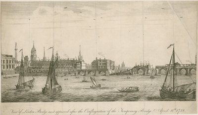 Utsikt over den gamle London Bridge slik den så ut etter brannen i 1758 av English School